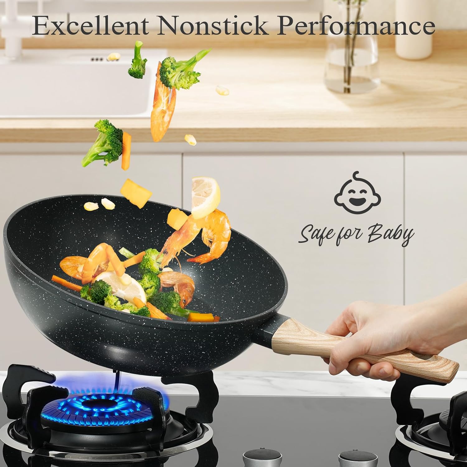 ?Último día de promoción de Amazon?Juego de ollas y sartenes de granito negro de 17 piezas, utensilios de cocina antiadherentes