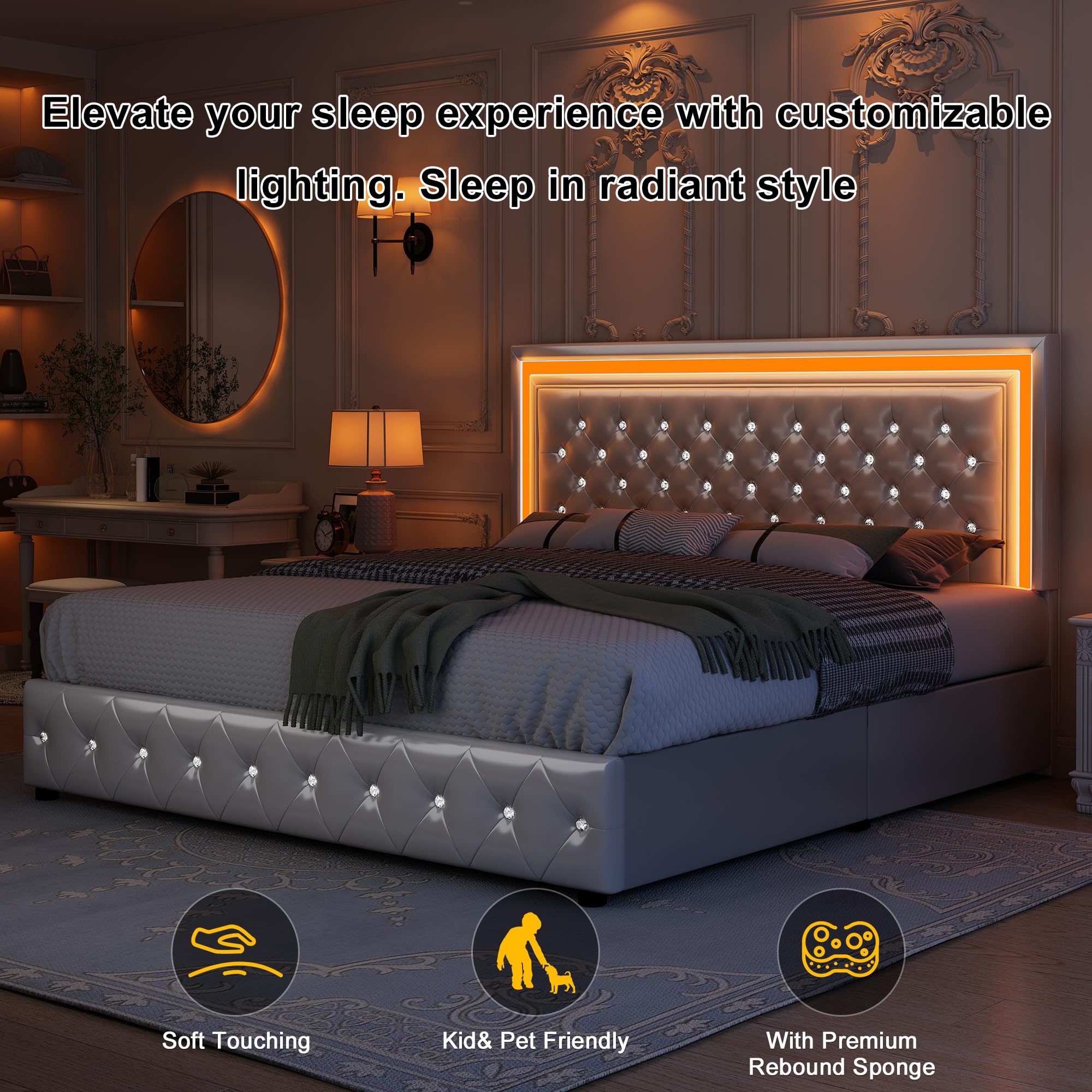 Base de cama LED Queen, cama con cajones de almacenamiento