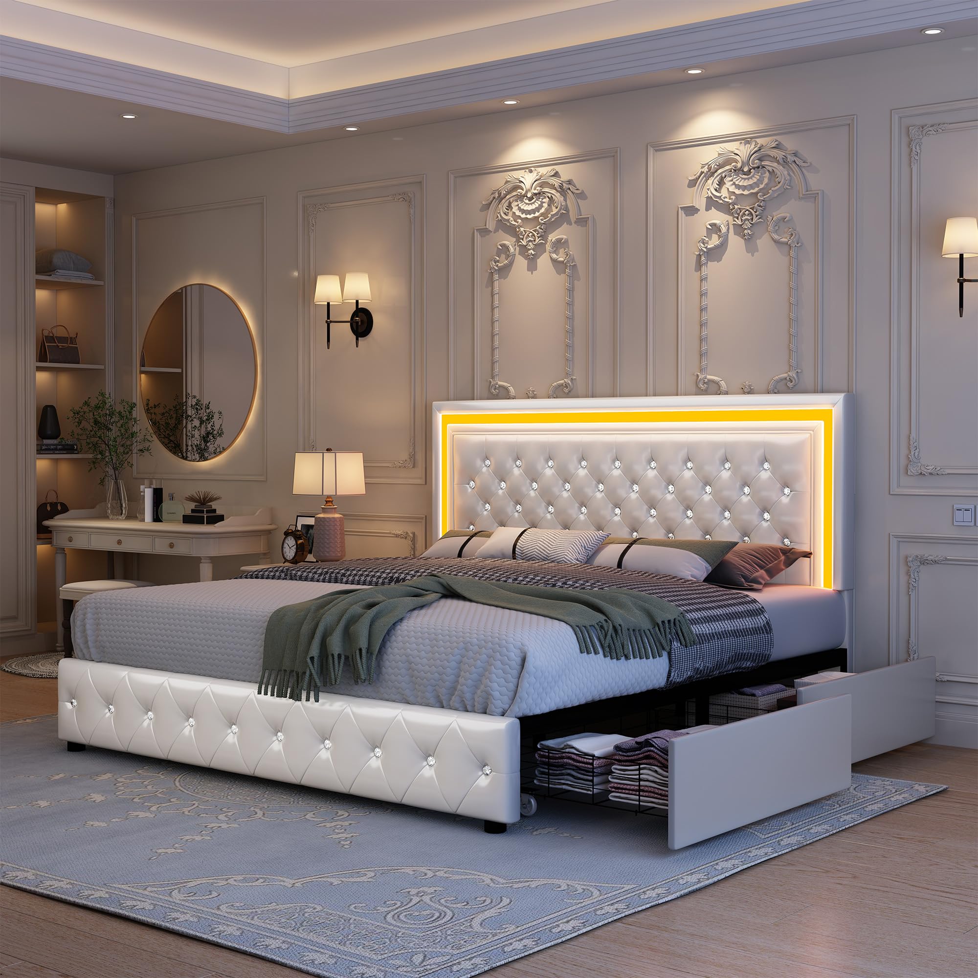 Base de cama LED Queen, cama con cajones de almacenamiento