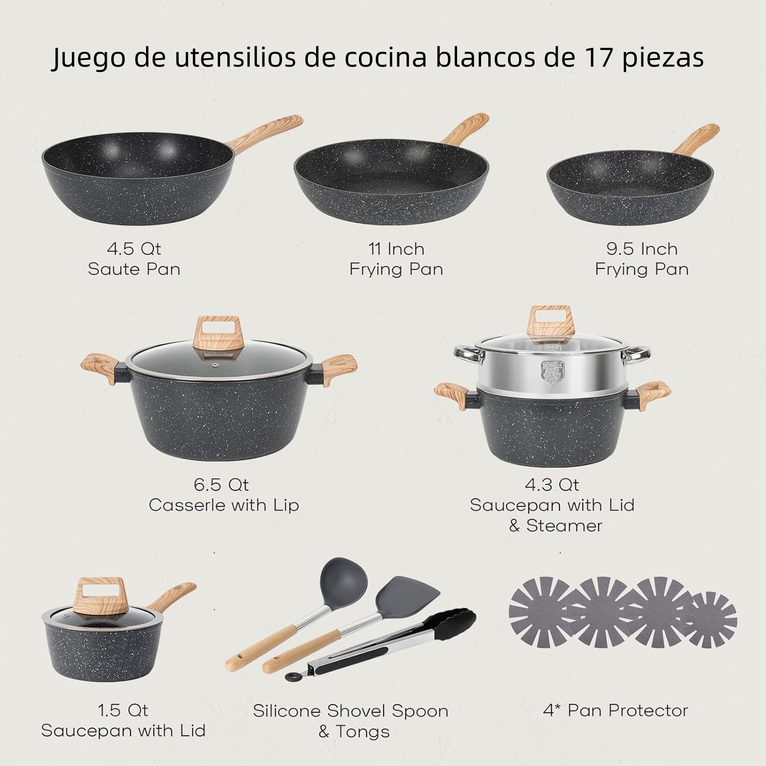 ?Último día de promoción de Amazon?Juego de ollas y sartenes de granito negro de 17 piezas, utensilios de cocina antiadherentes