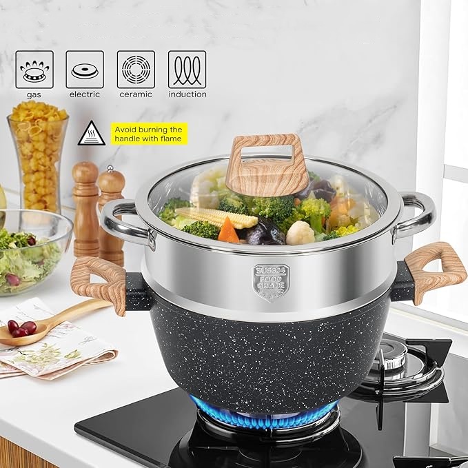 ?Último día de promoción de Amazon?Juego de ollas y sartenes de granito negro de 17 piezas, utensilios de cocina antiadherentes