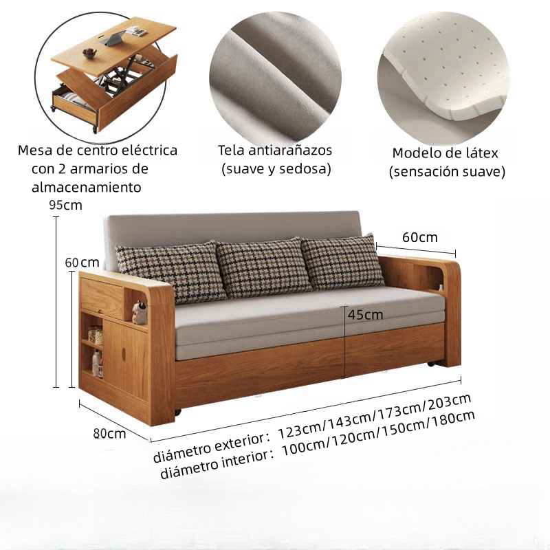 Sofá de madera maciza plegable con almacenamiento y cama retráctil.