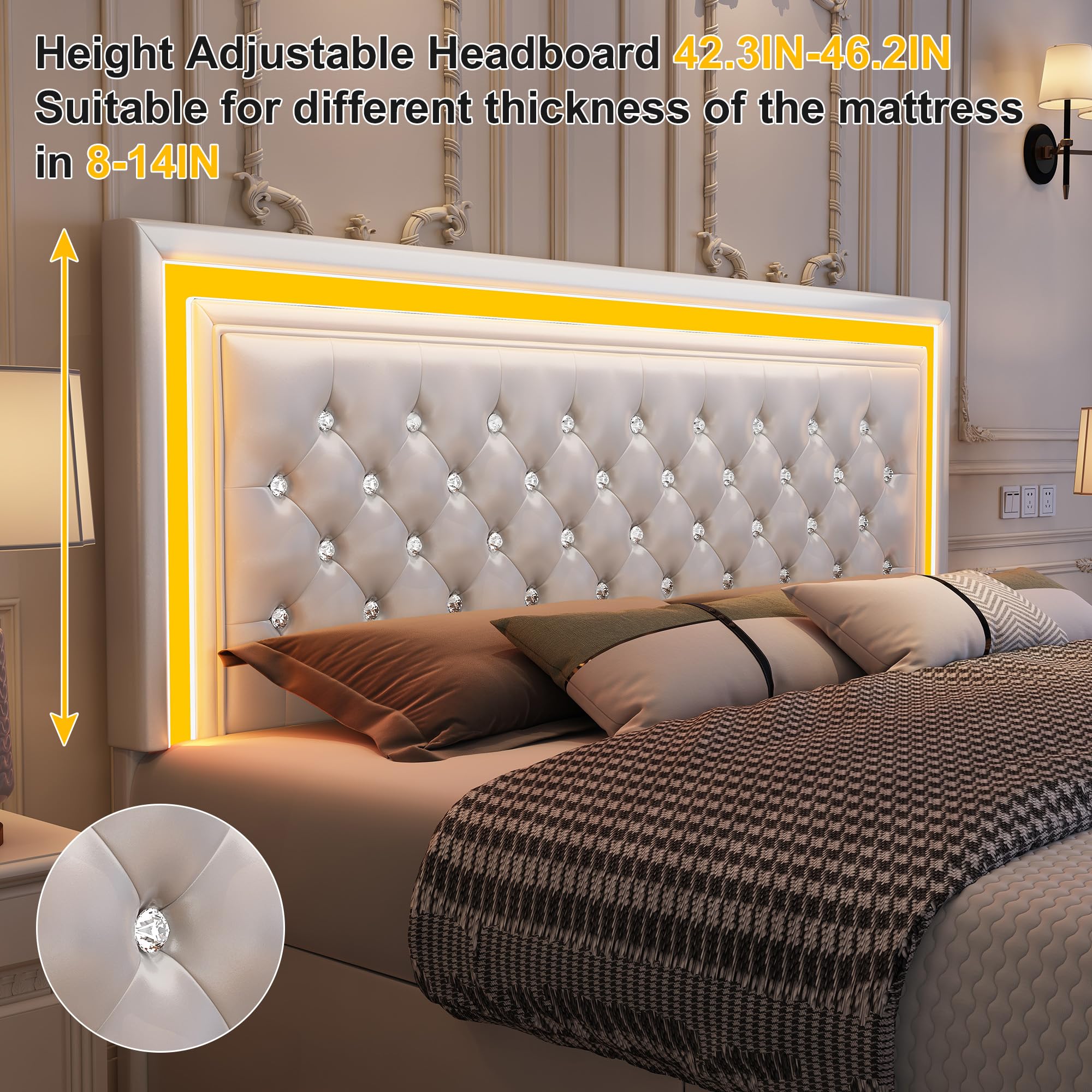 Base de cama LED Queen, cama con cajones de almacenamiento
