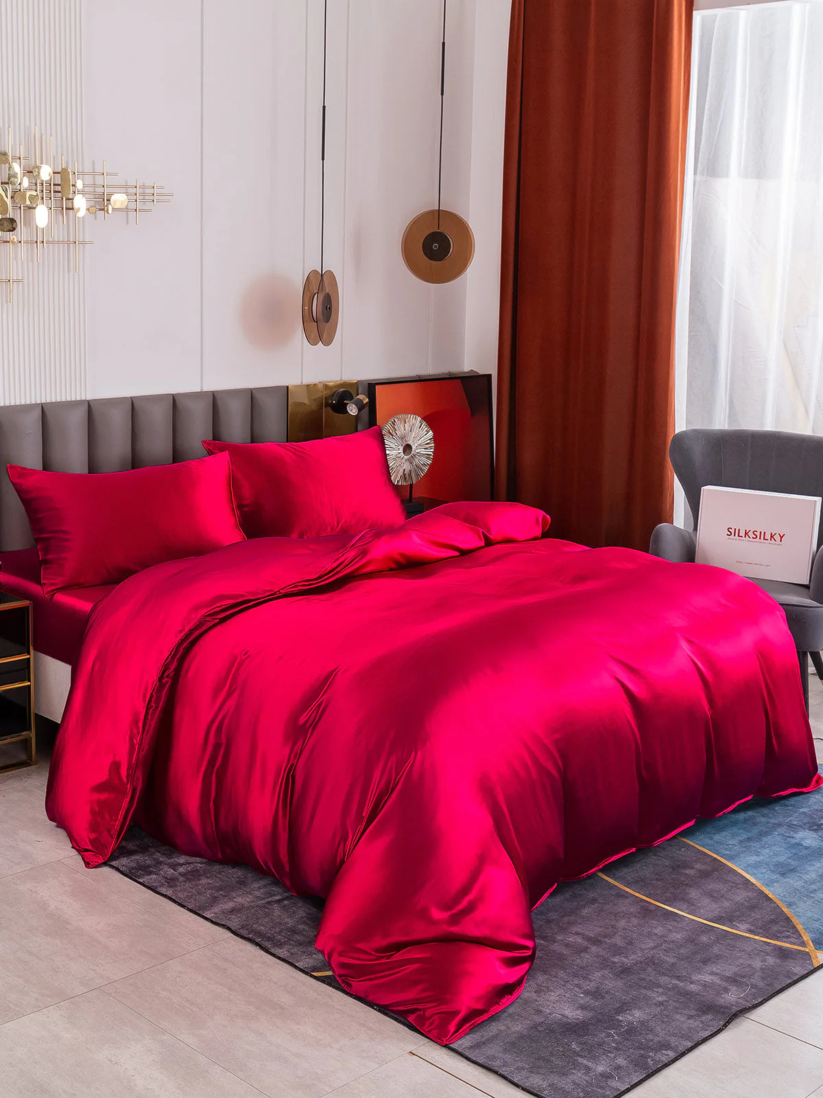 Juego de Seda De 4 Piezas: Sábana Encimera + Sábana Bajera + 2x Fundas De Almohada